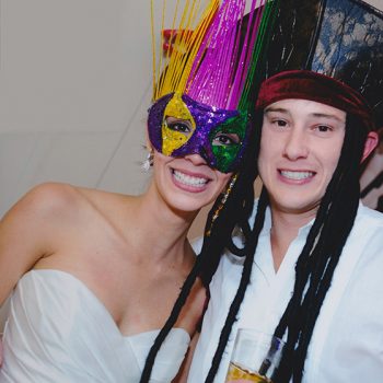 eva and her groom wearing silly costumes